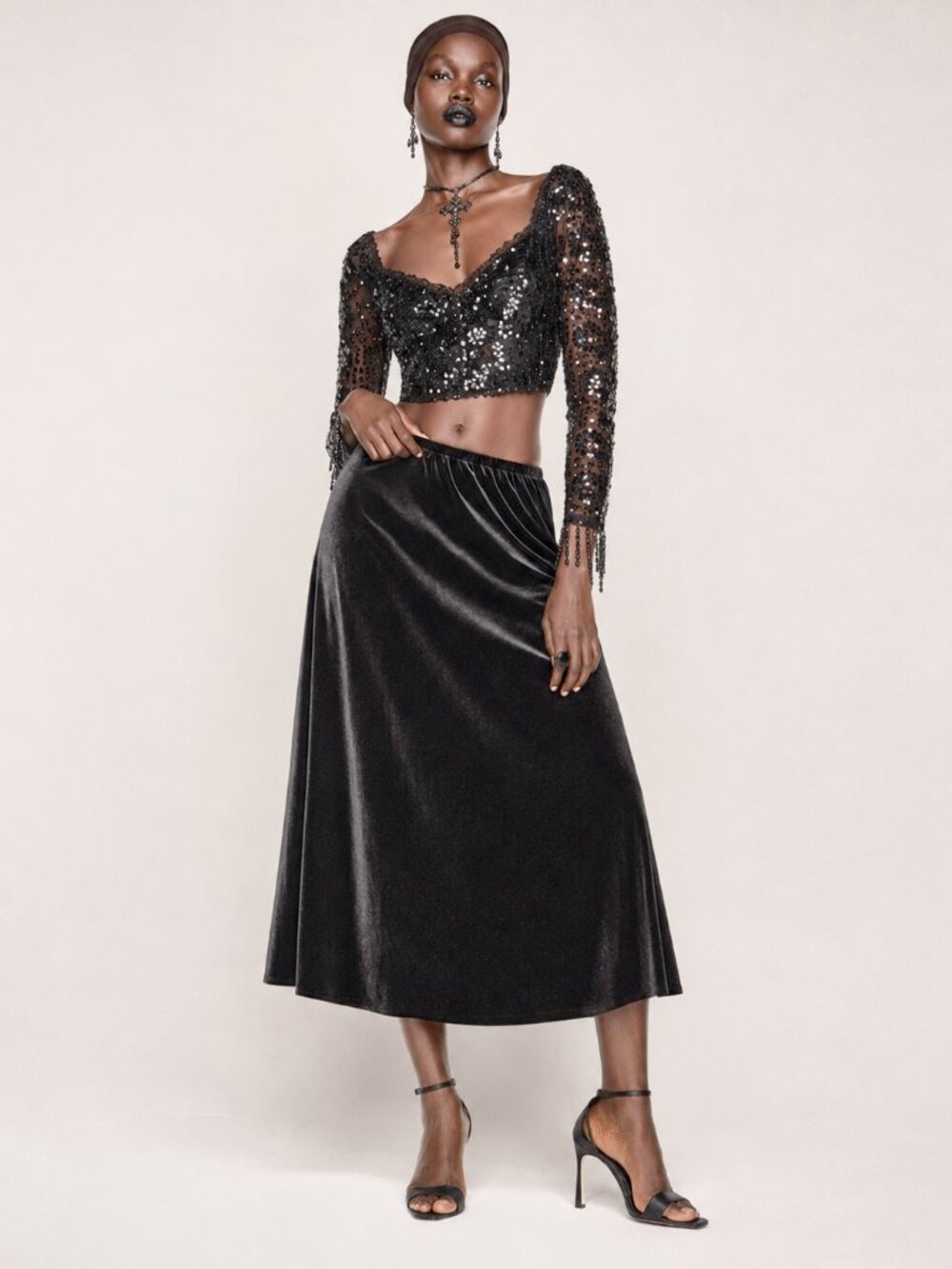 Dark Romance Velvet Vintage Black Midi Skirt XL Academia Stretch Waist